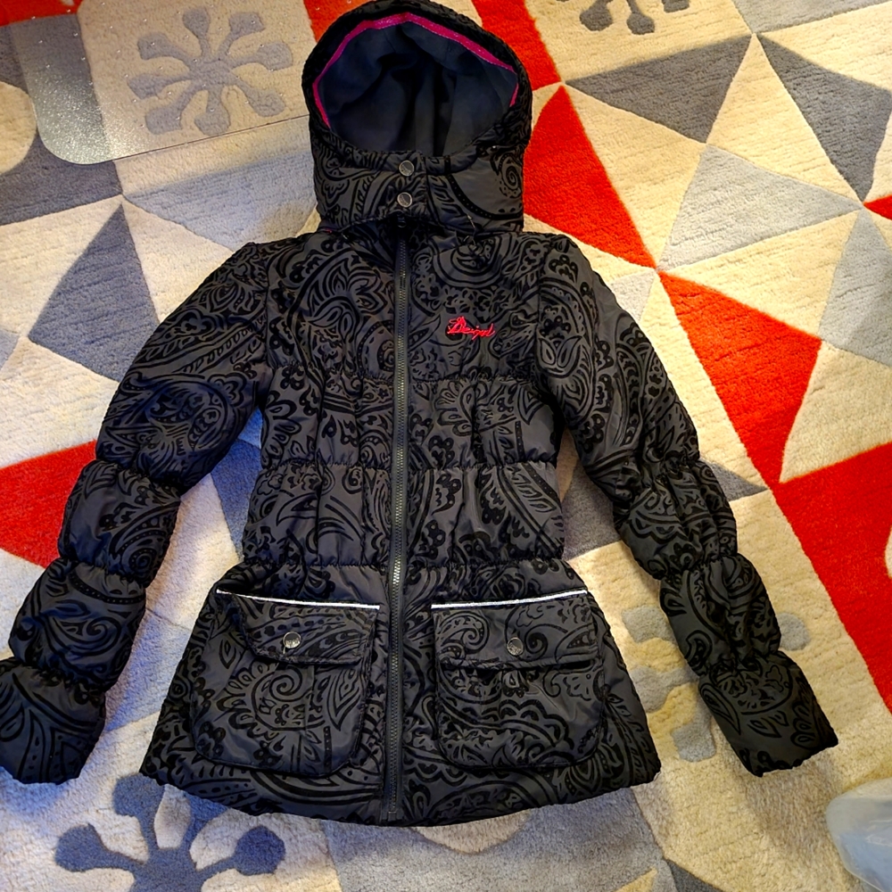 Desigual - Black Paisley Puffer Coat Size 13/14